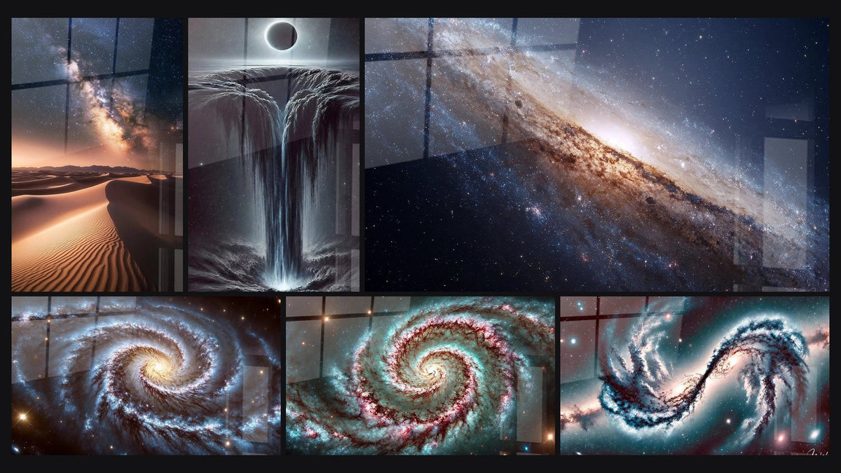 Mosaïque de six tableaux, dont Voie lactée N°1, Abîme Mystique et Galaxie d'Andromède