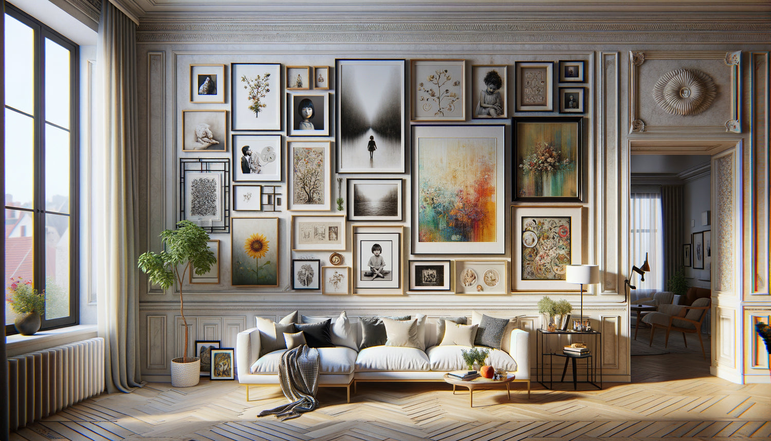 Mur galerie contemporain mélangeant harmonieusement photographies familiales encadrées et œuvres artistiques variées dans composition équilibrée
