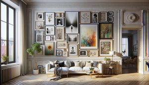 Mur galerie contemporain mélangeant harmonieusement photographies familiales encadrées et œuvres artistiques variées dans composition équilibrée