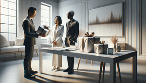 Conseiller en galerie d'art moderne présentant un tableau emballé avec raffinement à des clients dans un espace contemporain élégant