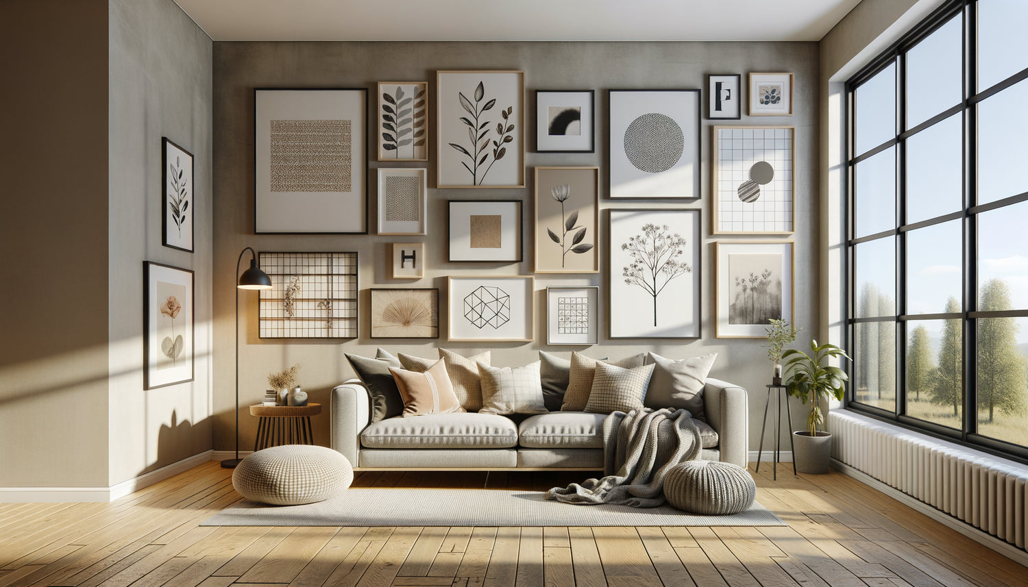 Galerie murale tendance dans salon Airbnb moderne avec cadres assortis, style scandinave minimaliste et composition asymétrique professionnelle