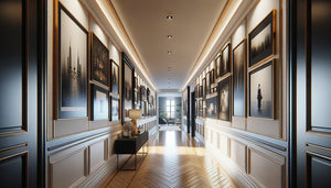 Couloir contemporain élégant transformé en galerie murale avec cadres multiples créant un parcours visuel captivant
