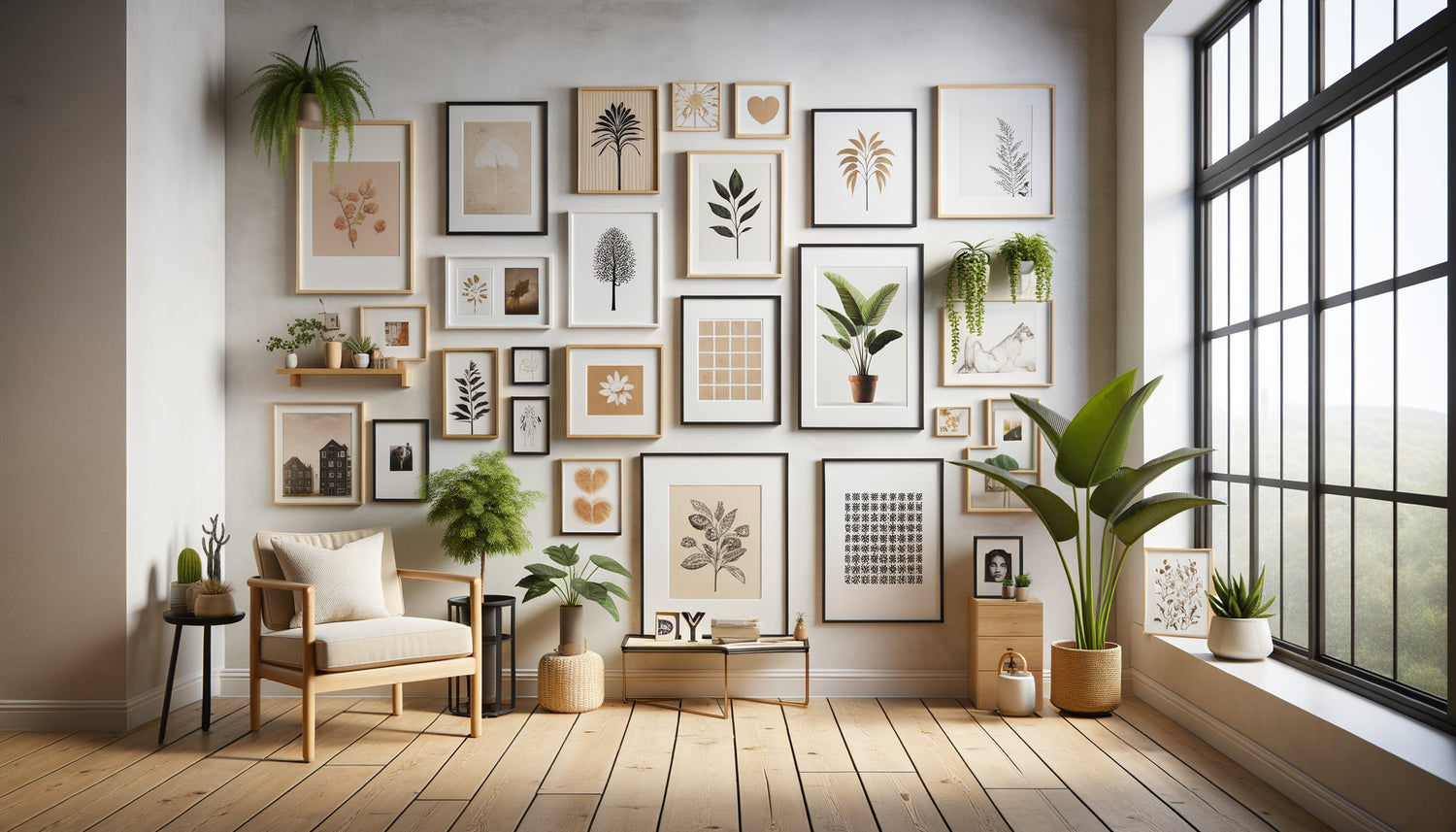 Galerie murale évolutive contemporaine dans appartement de jeune adulte, cadres variés disposés de façon flexible et progressive