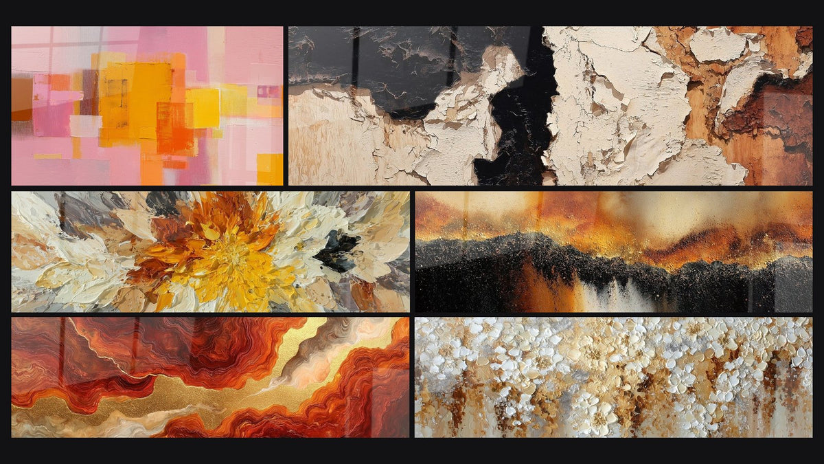Mosaic of six paintings, including Swirling Golden and Red
