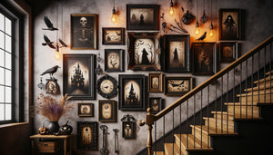Galerie murale Halloween équilibrée le long d'un escalier avec cadres noirs disposés en composition théâtrale dramatique