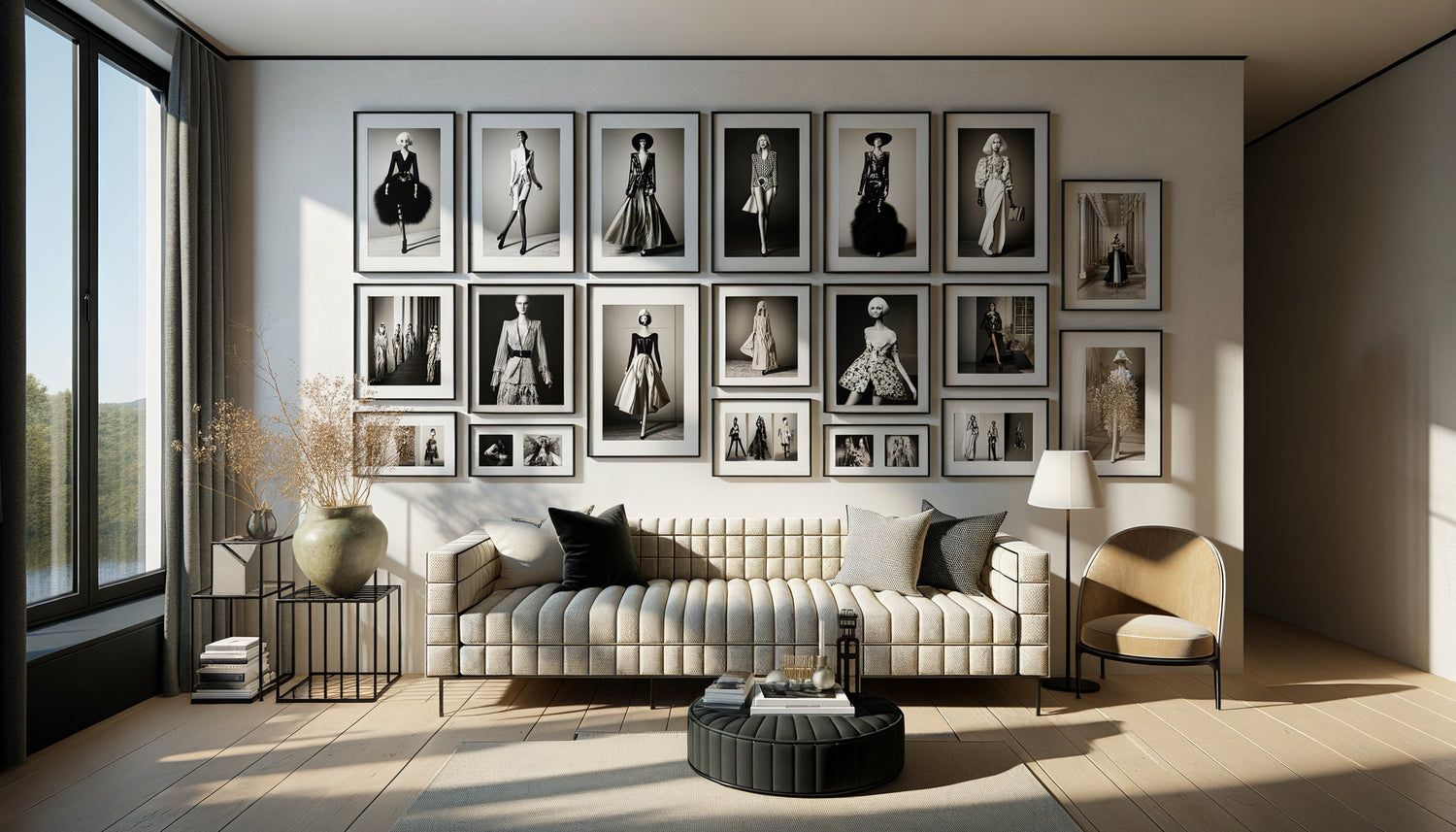 Galerie murale mode sophistiquée avec photographies noir et blanc en cadres noirs, composition équilibrée dans intérieur contemporain minimaliste