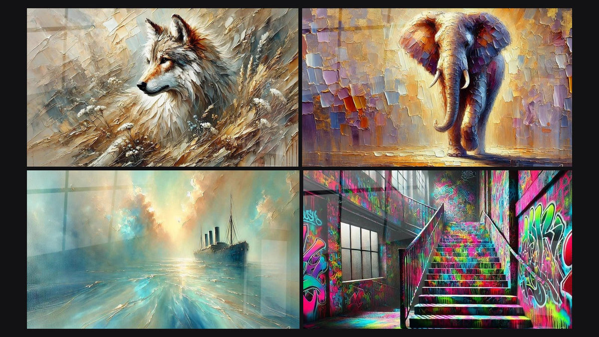 Mosaïque de quatre tableaux, dont Echo de la Forêt, Au Cœur de la Brise et Street art N°5