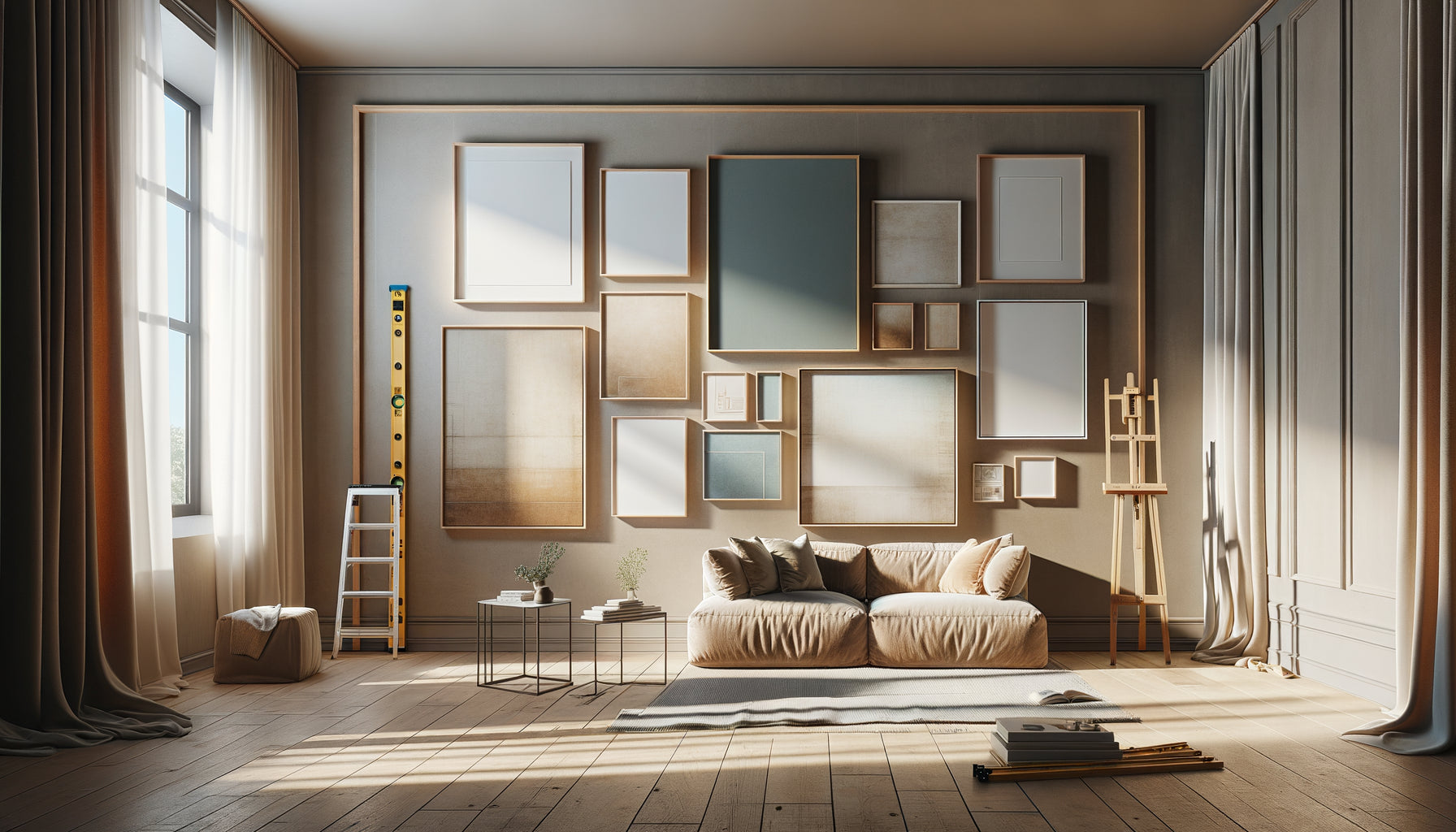 Mur de salon avec galerie murale en construction progressive, cadres espacés et œuvre au sol en attente