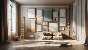 Mur de salon avec galerie murale en construction progressive, cadres espacés et œuvre au sol en attente