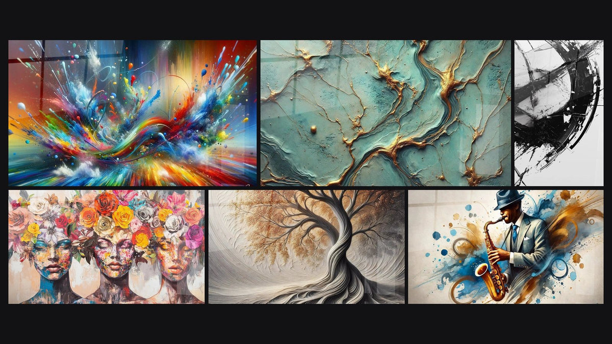 Mosaico di sei quadri, tra cui Big Bang Artistico Brillante, Fiumi d'Oro e Le Muse Fiorite