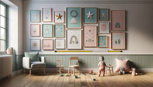 Disposition harmonieuse de petits tableaux colorés sur mur de chambre enfantine contemporaine avec illustrations ludiques