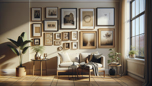 Mur de galerie personnalisé avec cadres variés, photos de voyage et souvenirs encadrés dans salon chaleureux contemporain