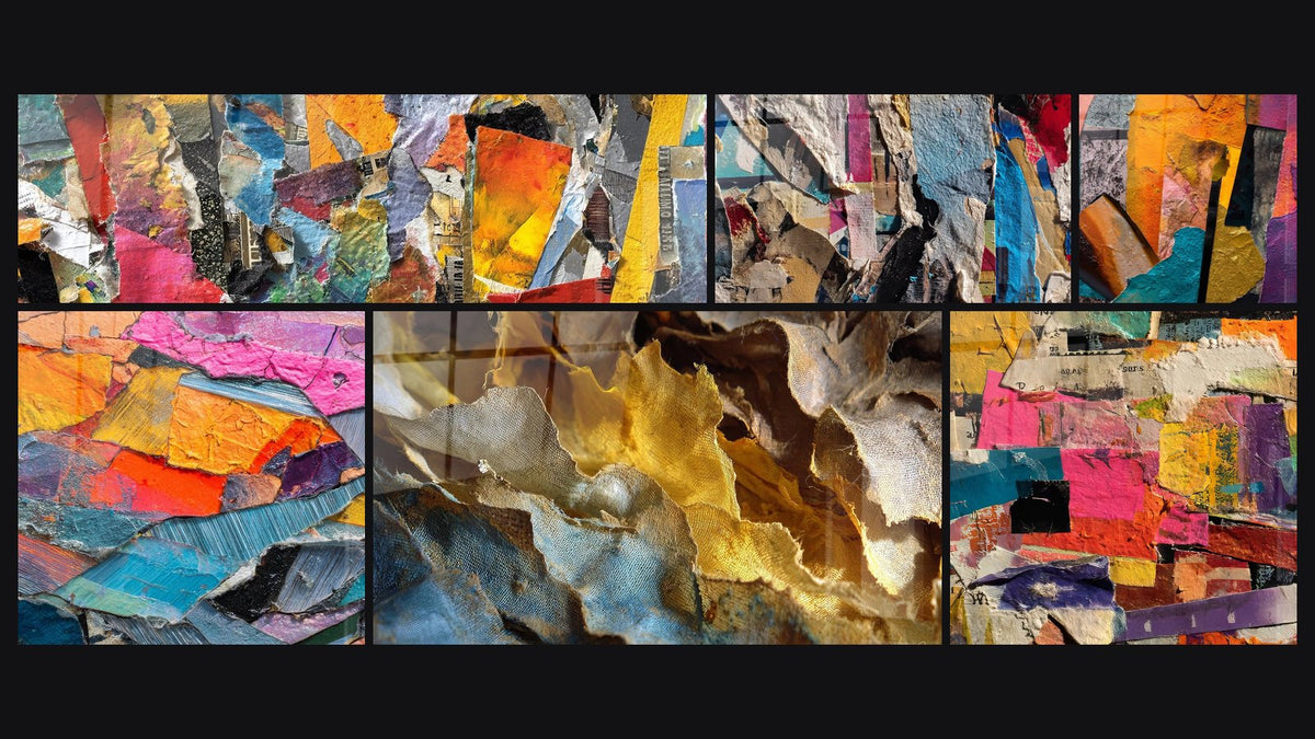 Mosaic of six paintings, including Multicolor Abstract, Abstract Torn Urban and Colorful Abstract Fragments
