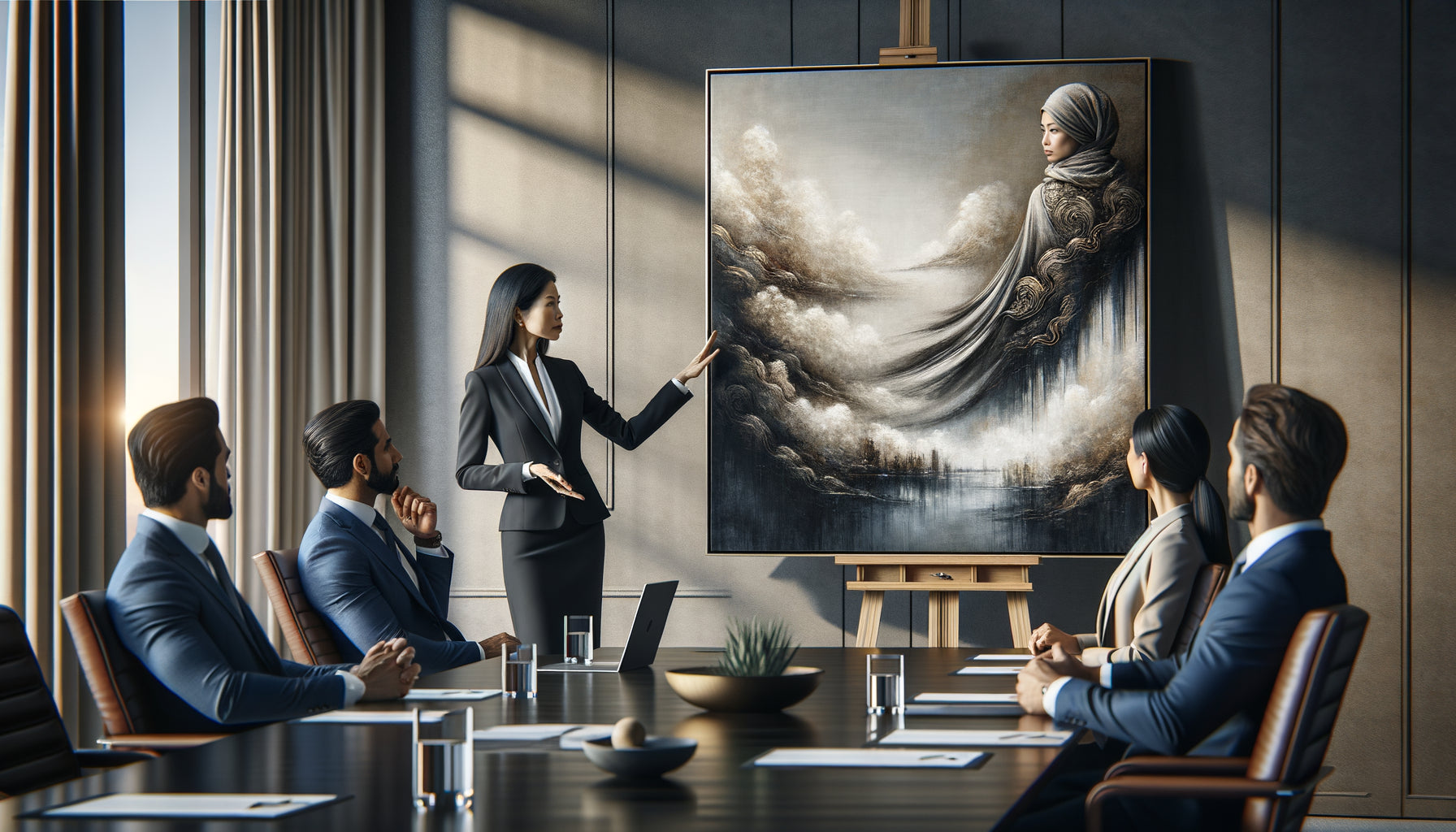 Galeriste présentant une œuvre d'art contemporain à des dirigeants dans une salle de conseil moderne