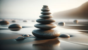 Cairn de galets empilés en équilibre parfait sur sable humide, composition zen minimaliste contemporaine