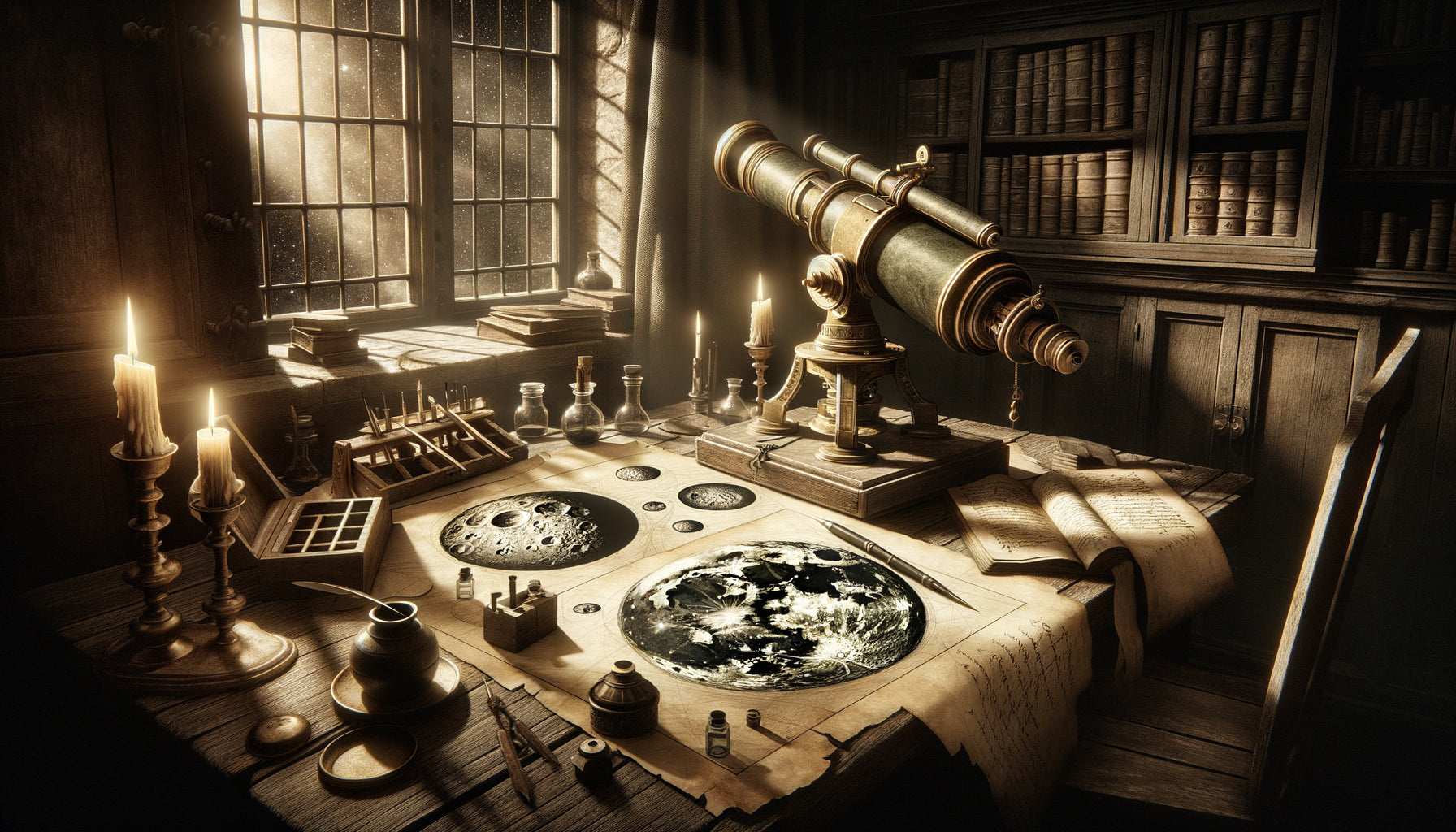 Atelier d'astronome-artiste Renaissance années 1610, dessins lunaires à l'encre avec technique clair-obscur, lunette astronomique primitive en laiton