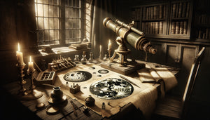 Atelier d'astronome-artiste Renaissance années 1610, dessins lunaires à l'encre avec technique clair-obscur, lunette astronomique primitive en laiton