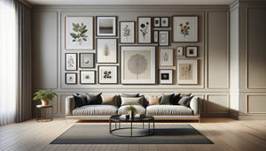Mur de galerie contemporain avec cadres multiples parfaitement espacés et disposés selon une composition harmonieuse professionnelle