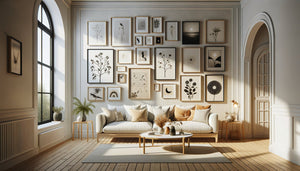 Mur de cadres décoratif contemporain avec arrangement harmonieux de tableaux variés dans un salon moderne scandinave