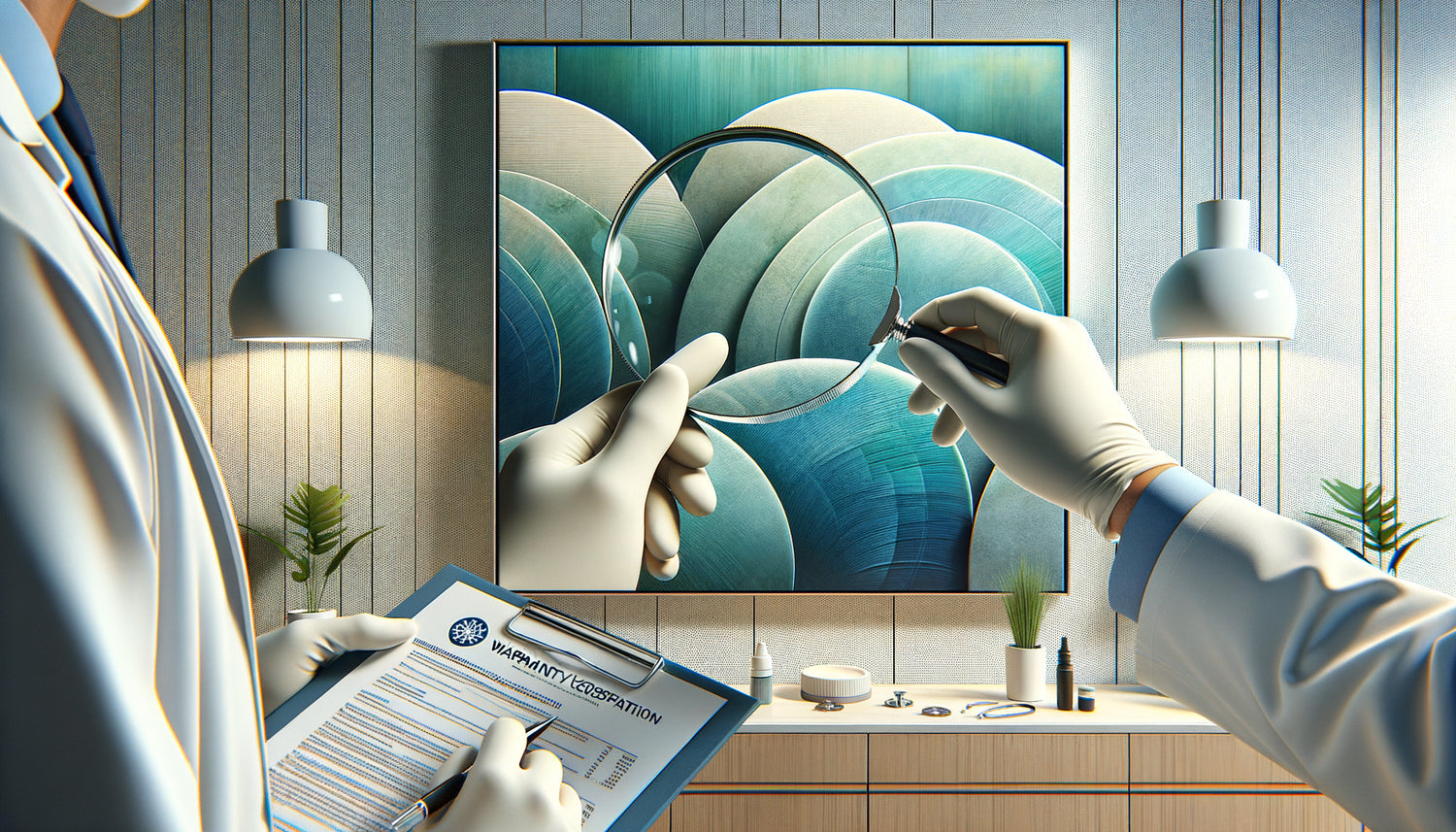 Inspection professionnelle d'une œuvre d'art mural contemporaine destinée à un cabinet médical avec vérification des garanties qualité