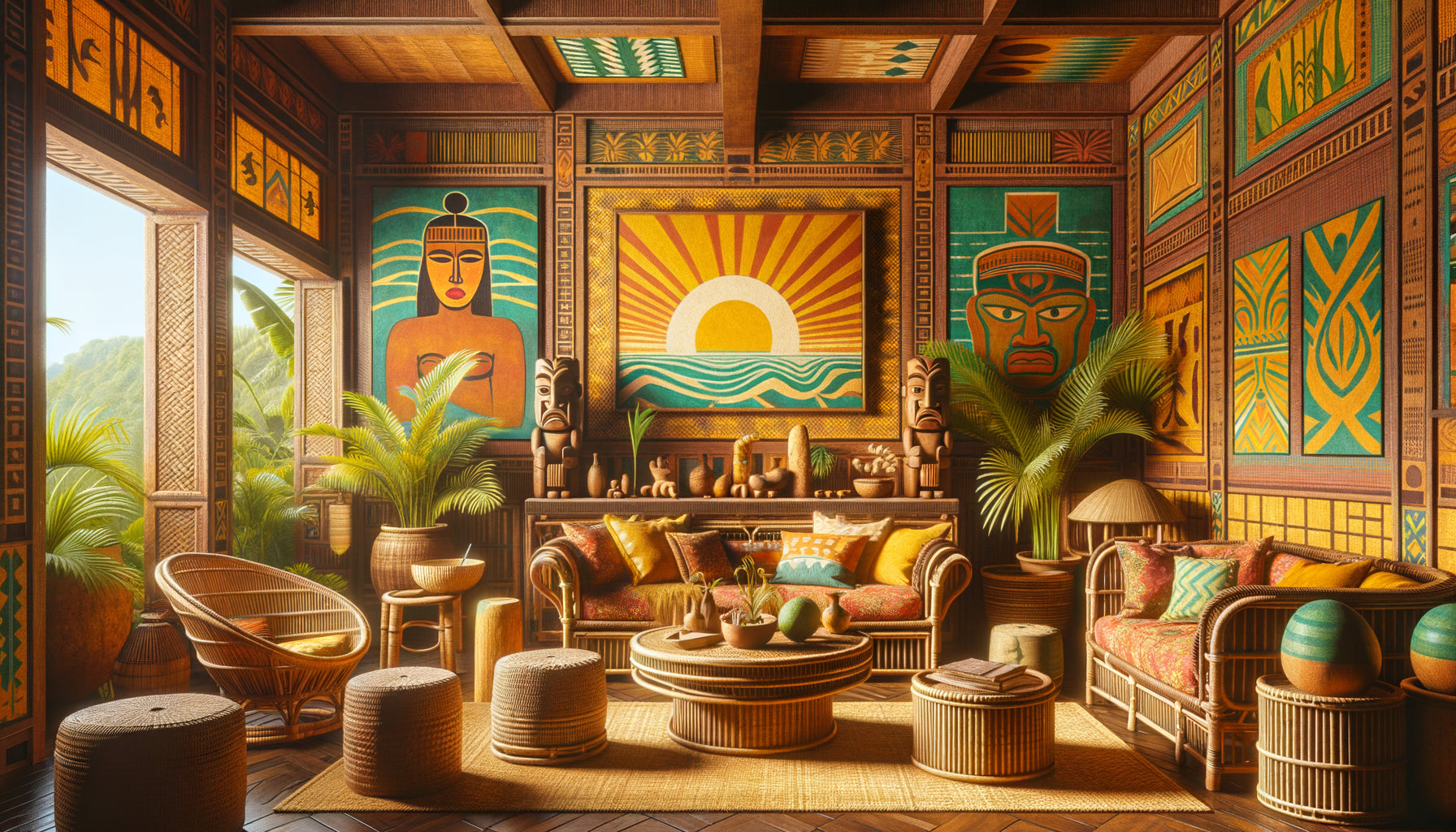 Intérieur design inspiré de l'esthétique post-impressionniste exotique de Paul Gauguin avec couleurs vibrantes et matières naturelles polynésiennes