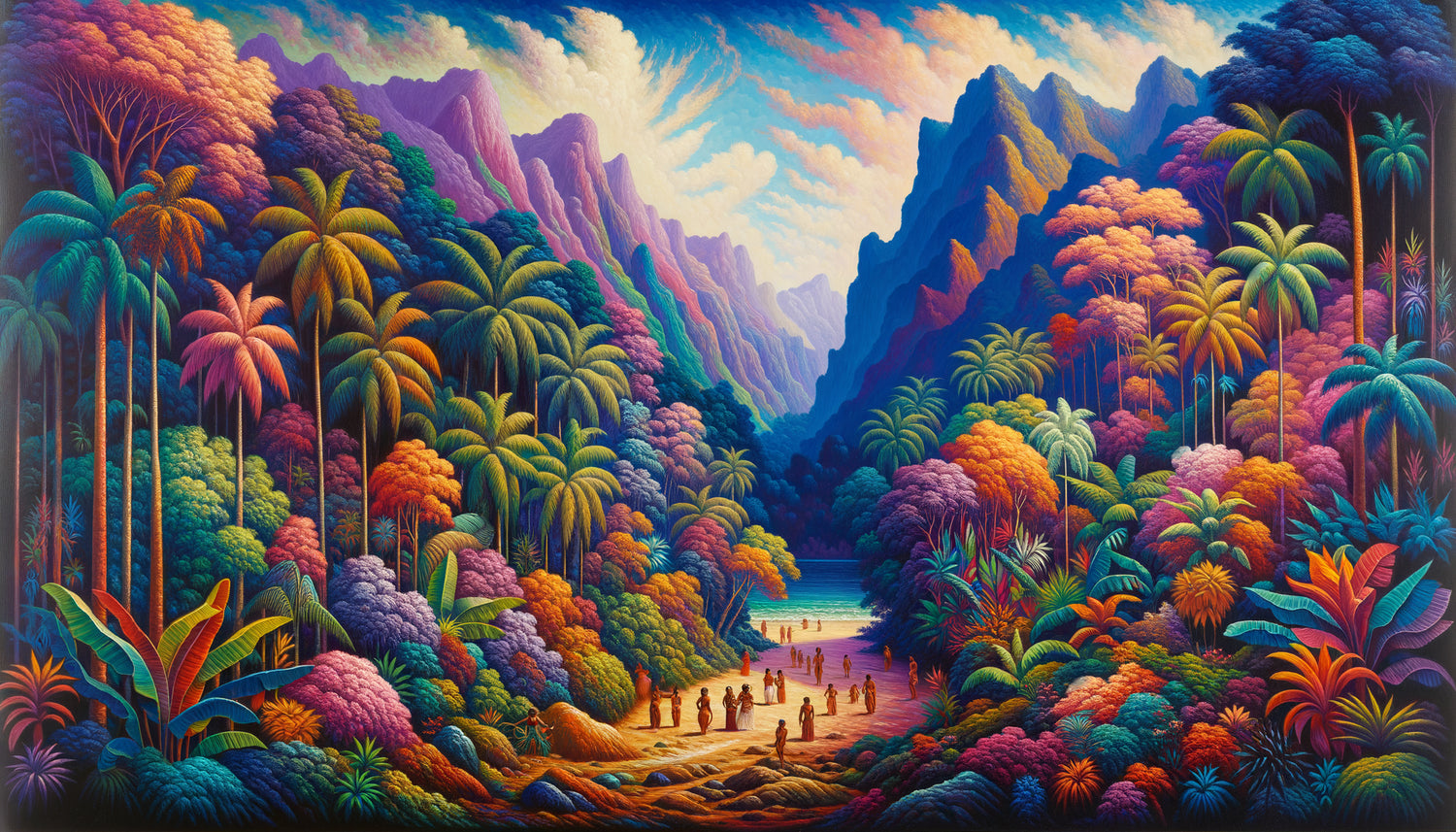 Paysage tahitien dans le style post-impressionniste de Paul Gauguin, couleurs saturées non-naturalistes, perspective abolie, fusion spirituelle nature-humanité