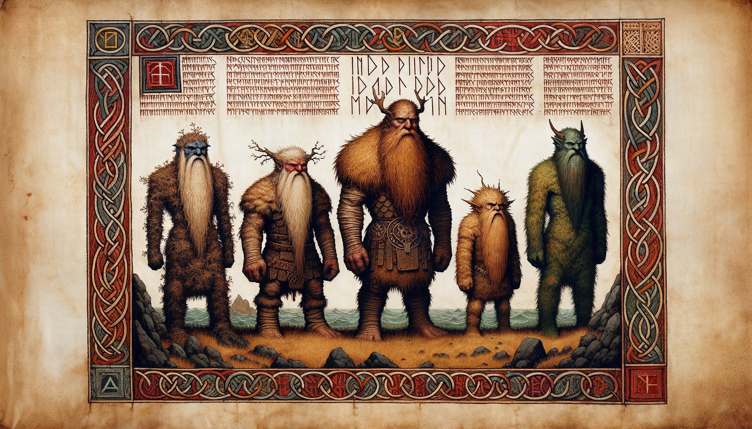 Manuscrit médiéval islandais illustrant quatre géants nordiques aux styles régionaux distincts, art viking scandinave authentique