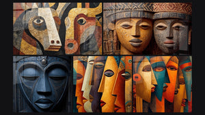 Mozaïek van vijf schilderijen, waaronder Afrikaanse Maskers, Masker Afrikaans Blauw en Afrikaanse Maskers Cubisme