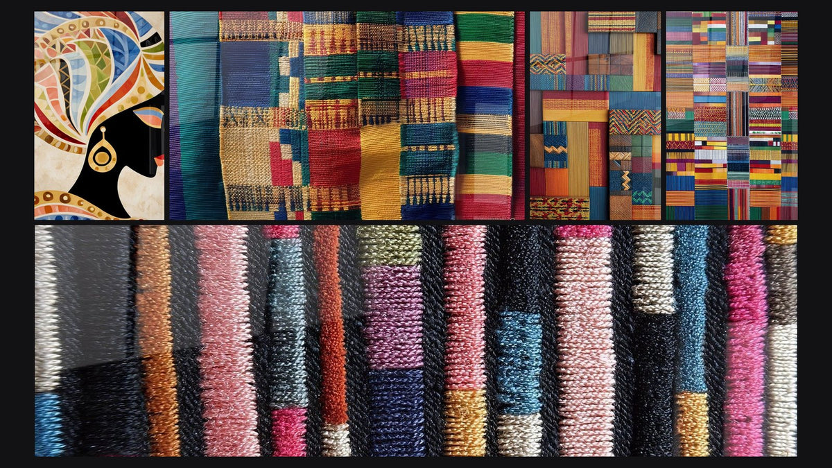 Mozaïek van vijf schilderijen, waaronder Vrouw Profiel Tribal Ornamenten en Patchwork textiel