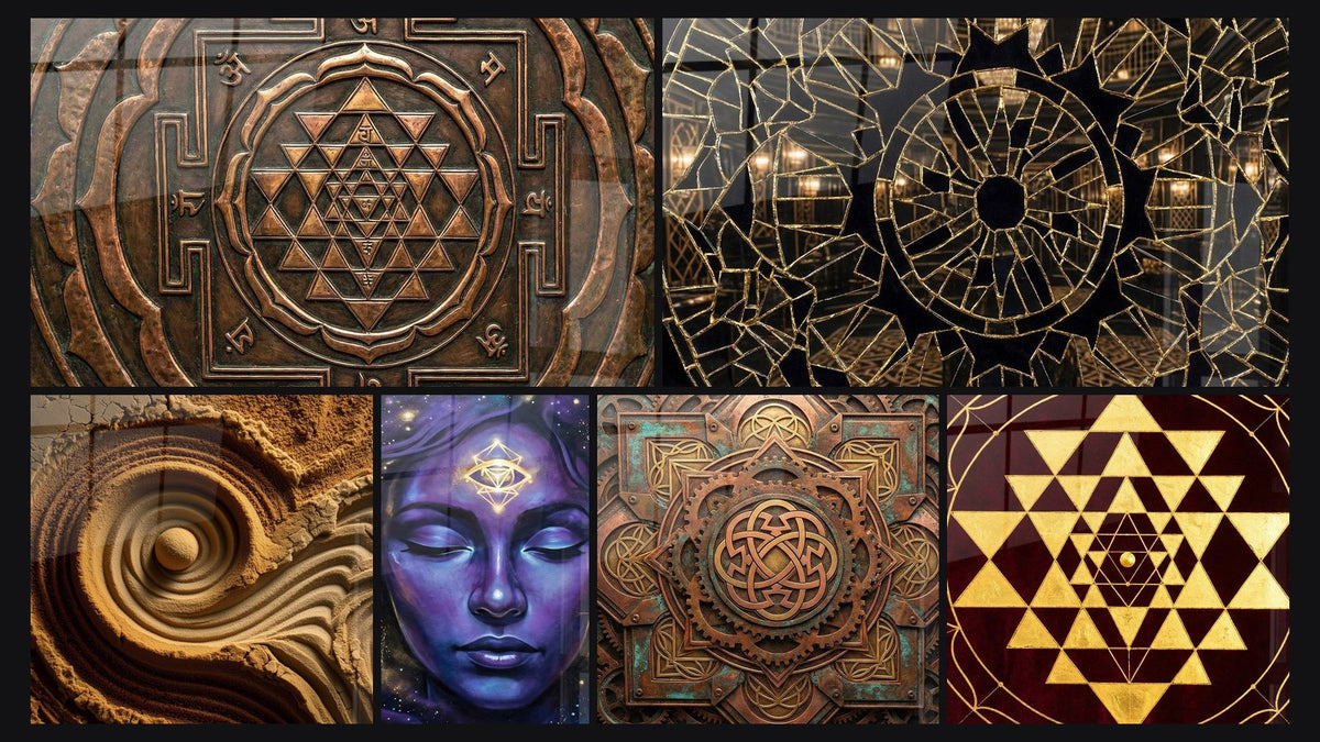 Mosaïque de six tableaux, dont Sri Yantra Cuivré Géométrie Sacrée et Spirales Dorées dans Formations Rocheuses