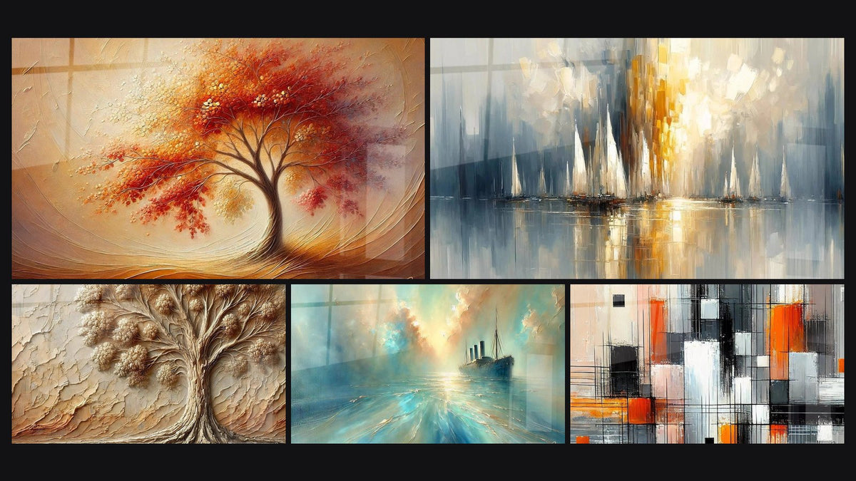 Mosaico di cinque quadri, tra cui Danza delle Stagioni, Albero di Antan e Nel Cuore della Brezza