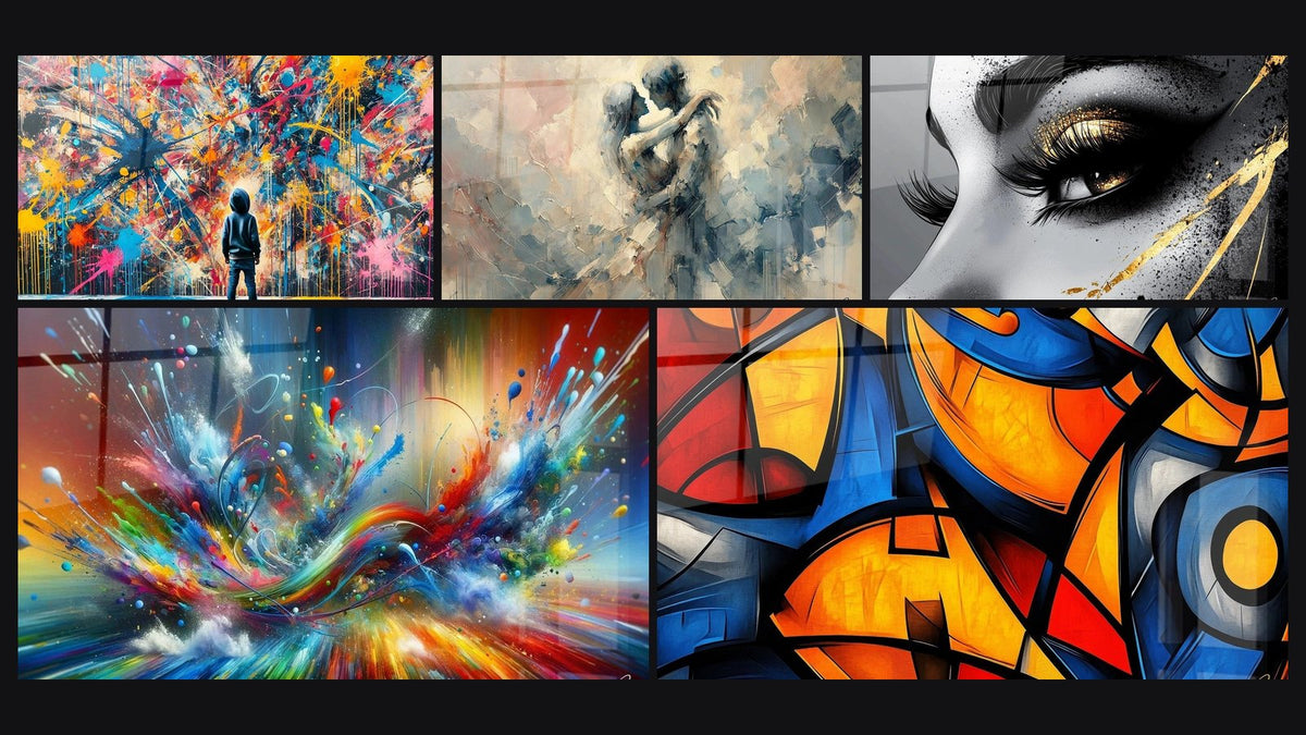 Mosaico di cinque quadri, tra cui Schizzi di Pittura, Tra Noi e Big Bang Artistico Brillante