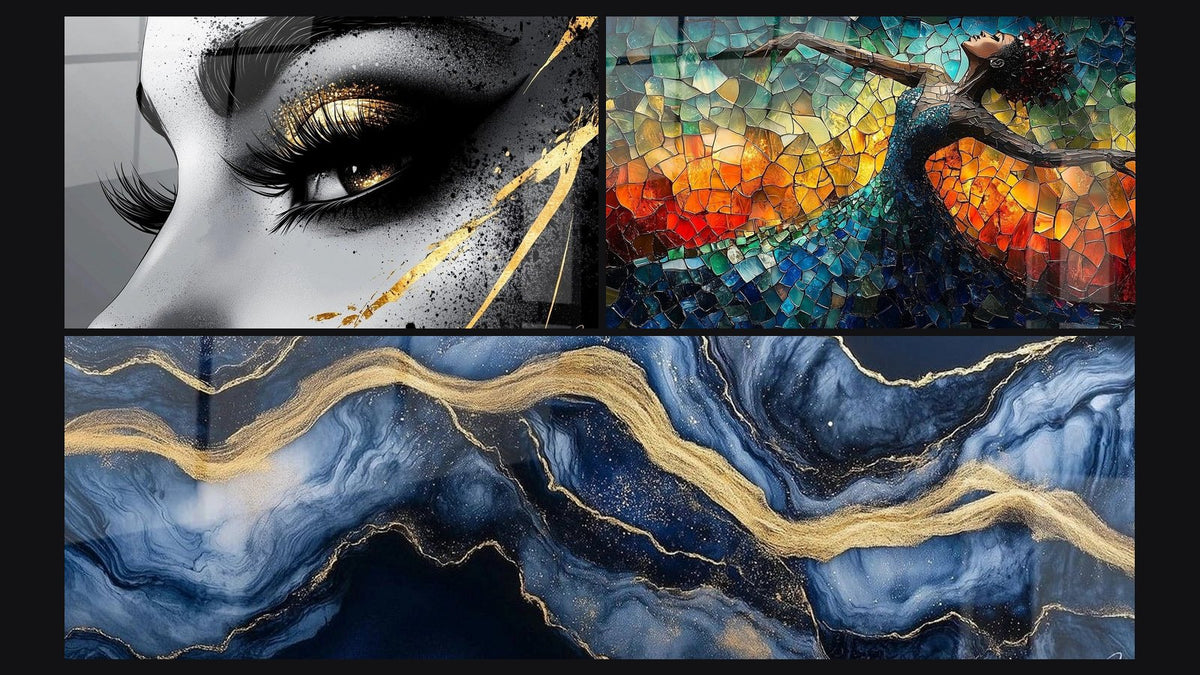 Mosaïque de trois tableaux : Œil larme d'or, Danse Feu Libératrice Rouge et Marbre Liquide Éternité Bleu