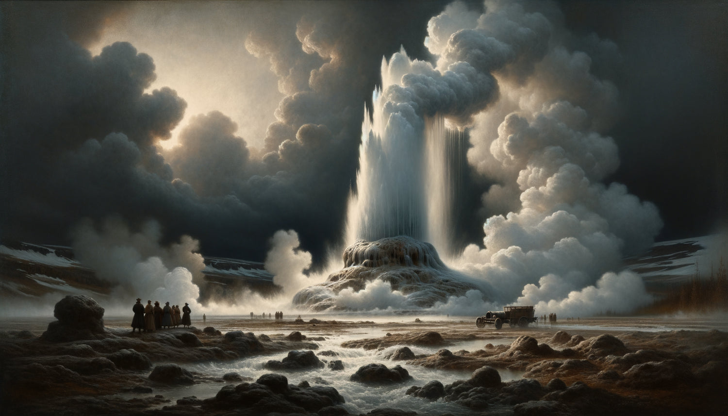 Peinture romantique nordique du XIXe siècle représentant un geyser islandais en éruption avec figures humaines, sublime naturel