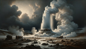 Peinture romantique nordique du XIXe siècle représentant un geyser islandais en éruption avec figures humaines, sublime naturel