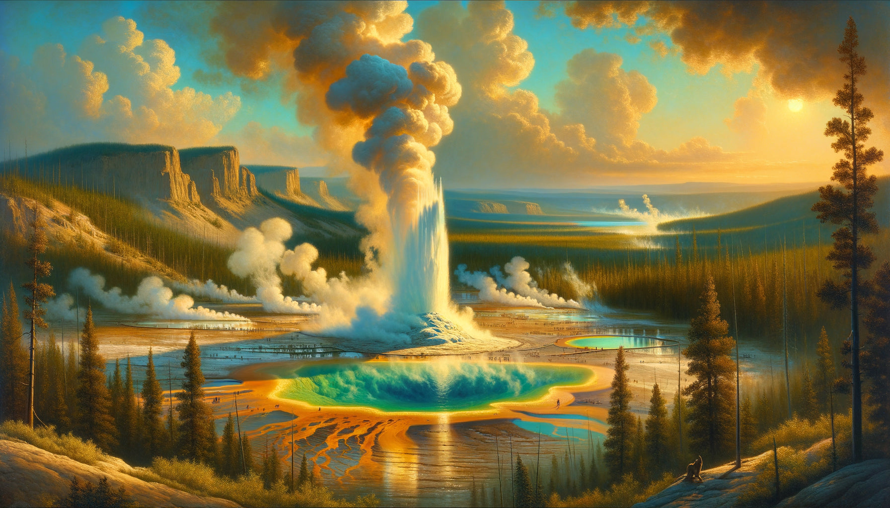 Peinture style Thomas Moran années 1870, geyser Old Faithful en éruption à Yellowstone, sublime romantique américain