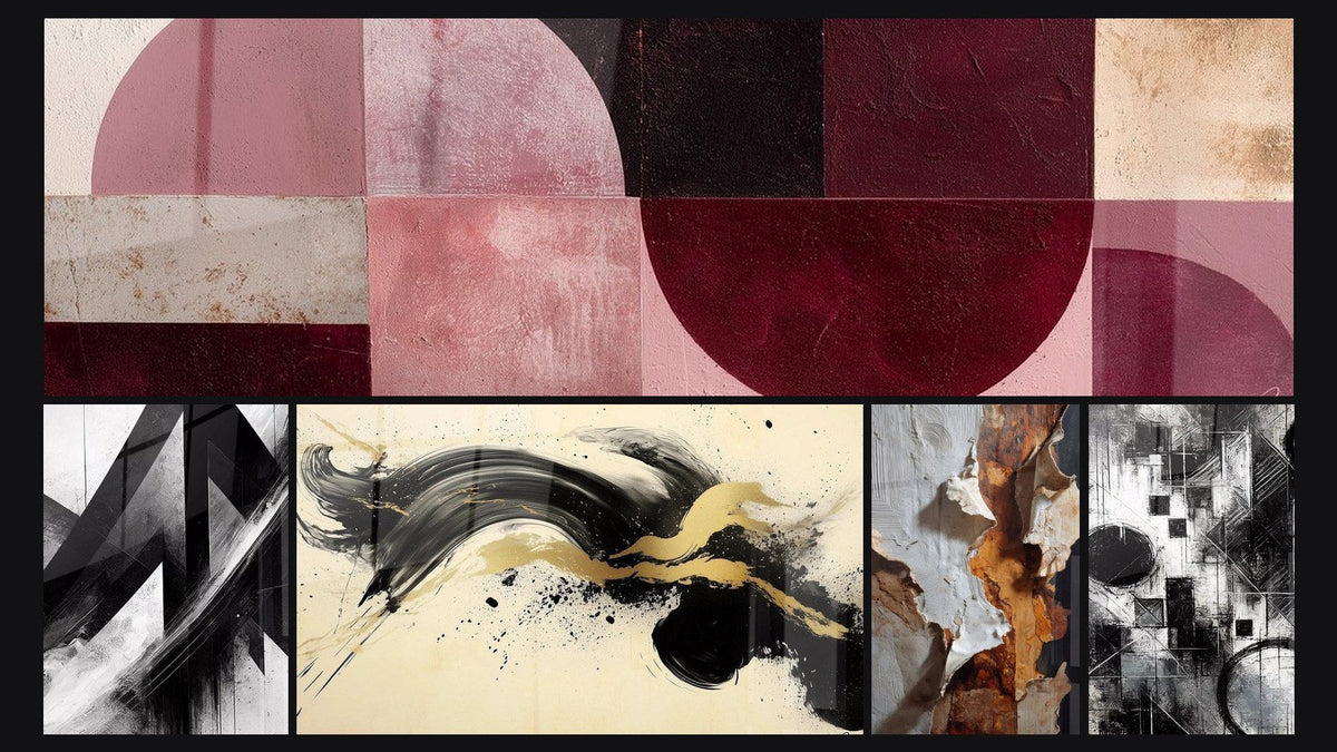 Mosaic of five paintings, including Fractured Trajectories, Passionate Momentum Black and Fragments of Absolute