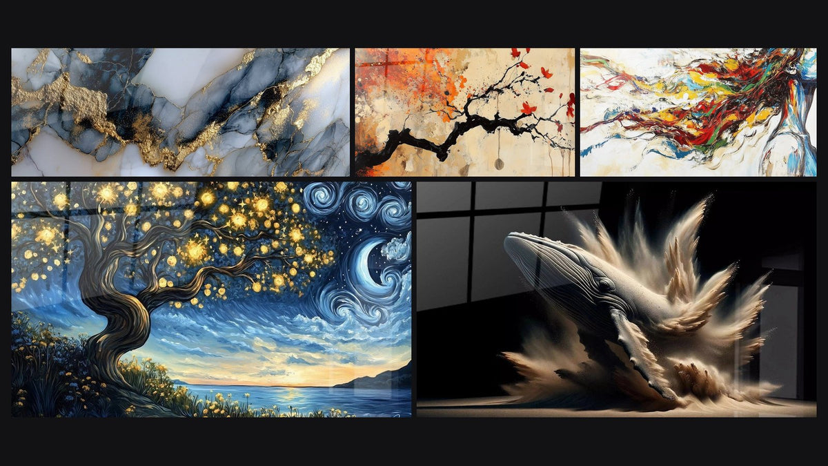 Mosaico de cinco cuadros, entre ellos Terracota N°4, La ballena de Elise y Musa Moderna