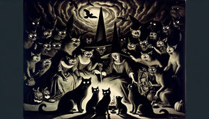 Gravure dans le style de Goya montrant des chats maléfiques et sorcières, esthétique ténébreuse du XVIIIe siècle espagnol