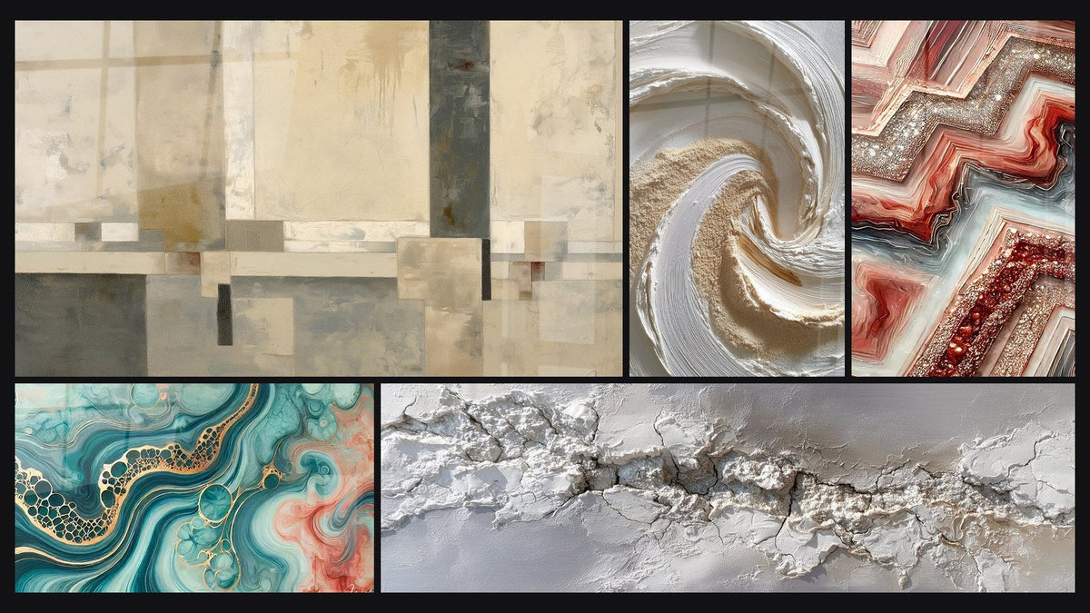 Mosaico di cinque quadri, tra cui Composizione geometrica beige e grigio, Marea di Acquerello e Fusione Geometrica