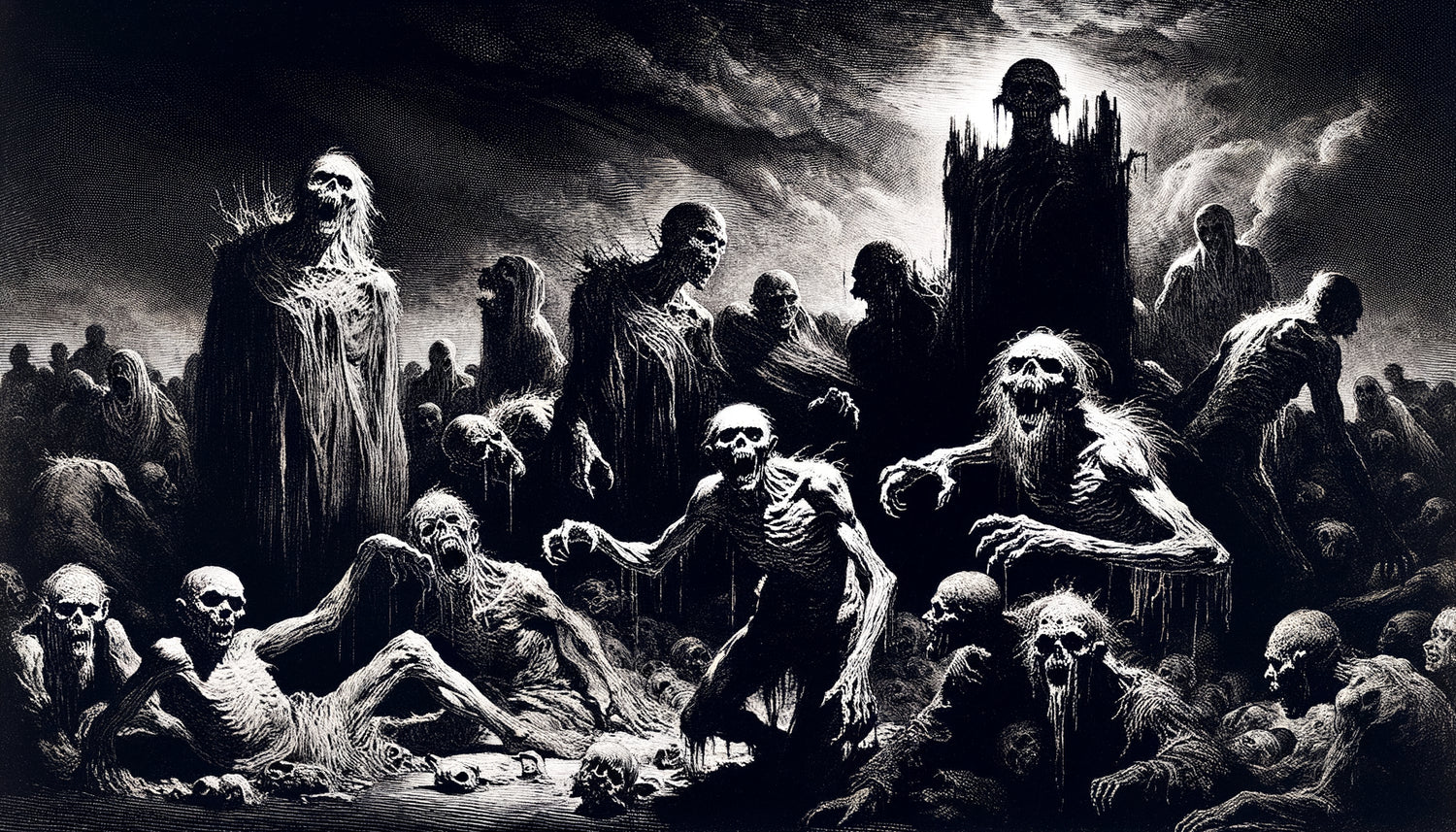 Gravure en noir et blanc radical de Goya, contraste brutal entre ombres absolues et lumière crue, style aquatinte terrifiante fin 18ème siècle