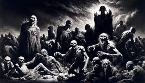 Gravure en noir et blanc radical de Goya, contraste brutal entre ombres absolues et lumière crue, style aquatinte terrifiante fin 18ème siècle