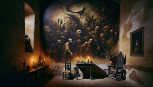 Mur intérieur peint dans le style des Peintures Noires de Goya, figures cauchemardesque en tons sombres, 1820