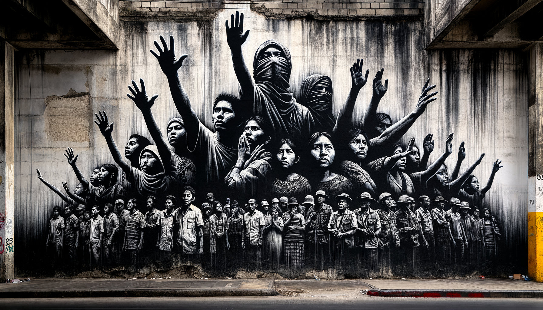 Graffiti monochrome mémorial sur mur de Guatemala City évoquant les victimes de la guerre civile guatémaltèque