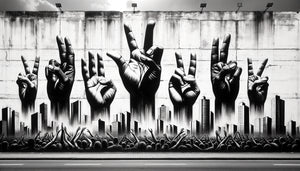 Graffiti monochrome noir et blanc sur mur de Medellín représentant des figures symboliques de réconciliation post-conflit colombien