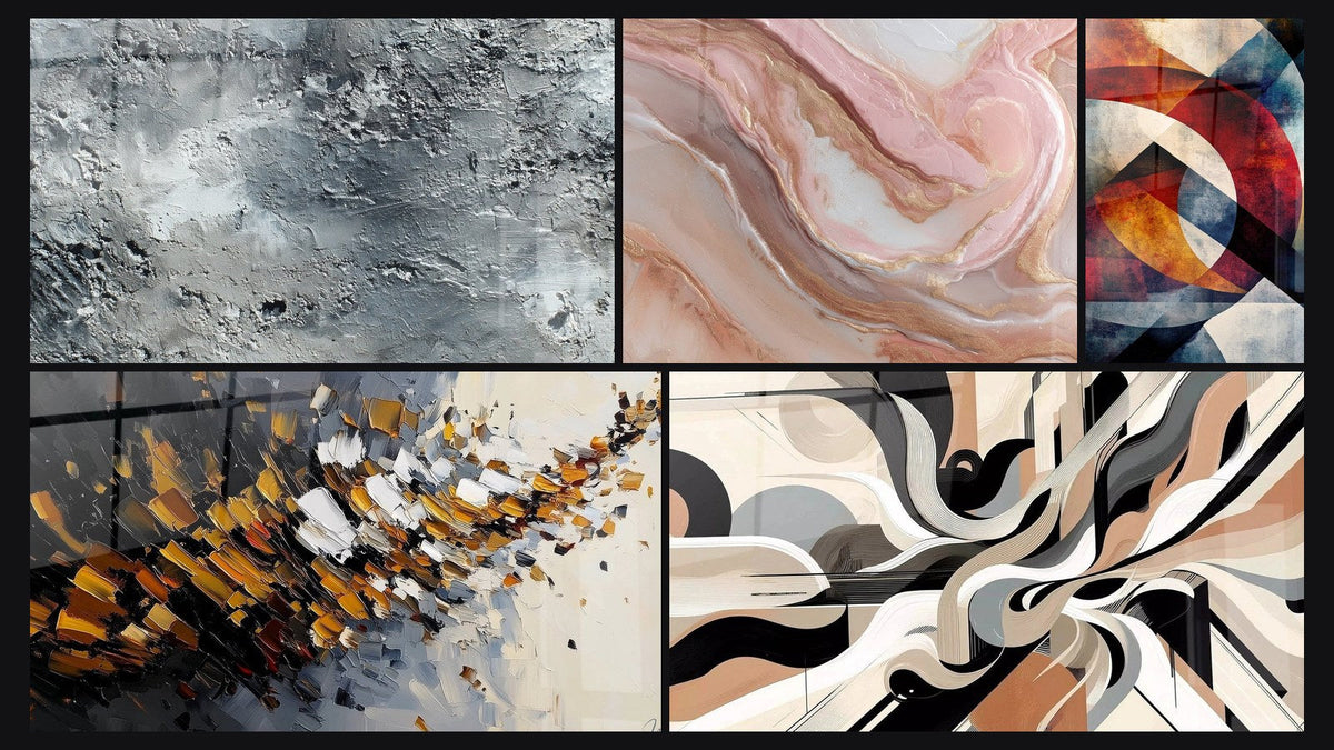 Mosaïque de cinq tableaux, dont Abstrait gris argenté texturé, Explosion dynamique et Vibrations Graphiques