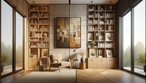 Comparaison déco bibliothèque : grand tableau unique versus composition quatre petits formats muraux contemporains