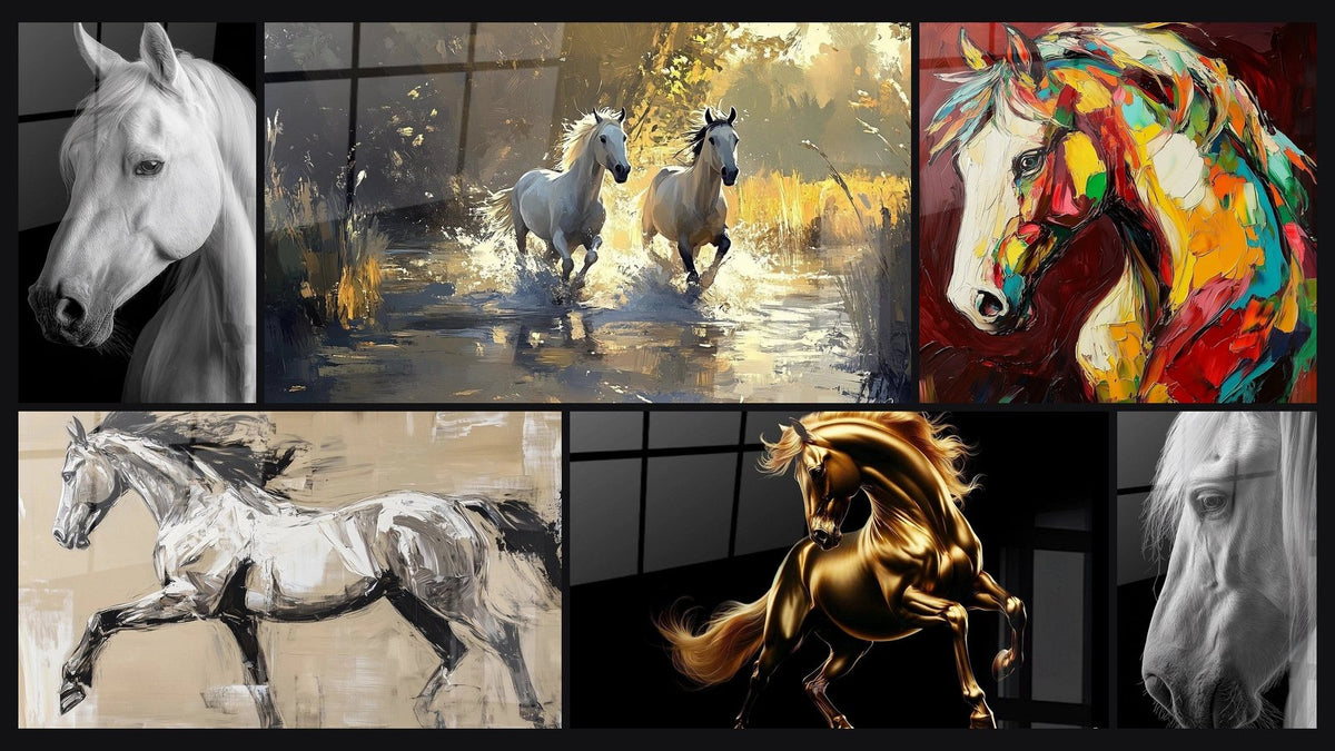 Mosaic of six paintings, including White Horse, Horse Soul in Motion and Golden Horse Dance
