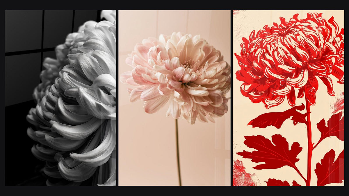 Mosaico di tre quadri, tra cui Chrysanthème rosa e bianco su sfondo beige