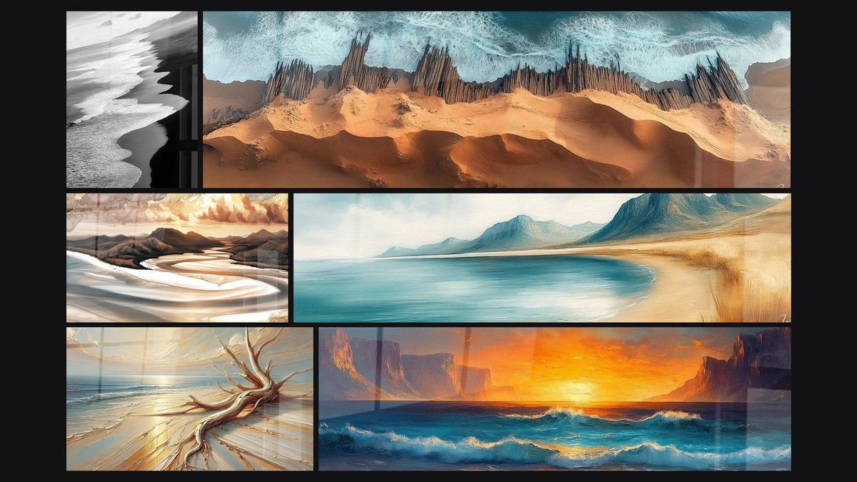 Mosaïque de six tableaux, dont Plage Océan, Paysage Côtier Abstrait et Baie Immaculée